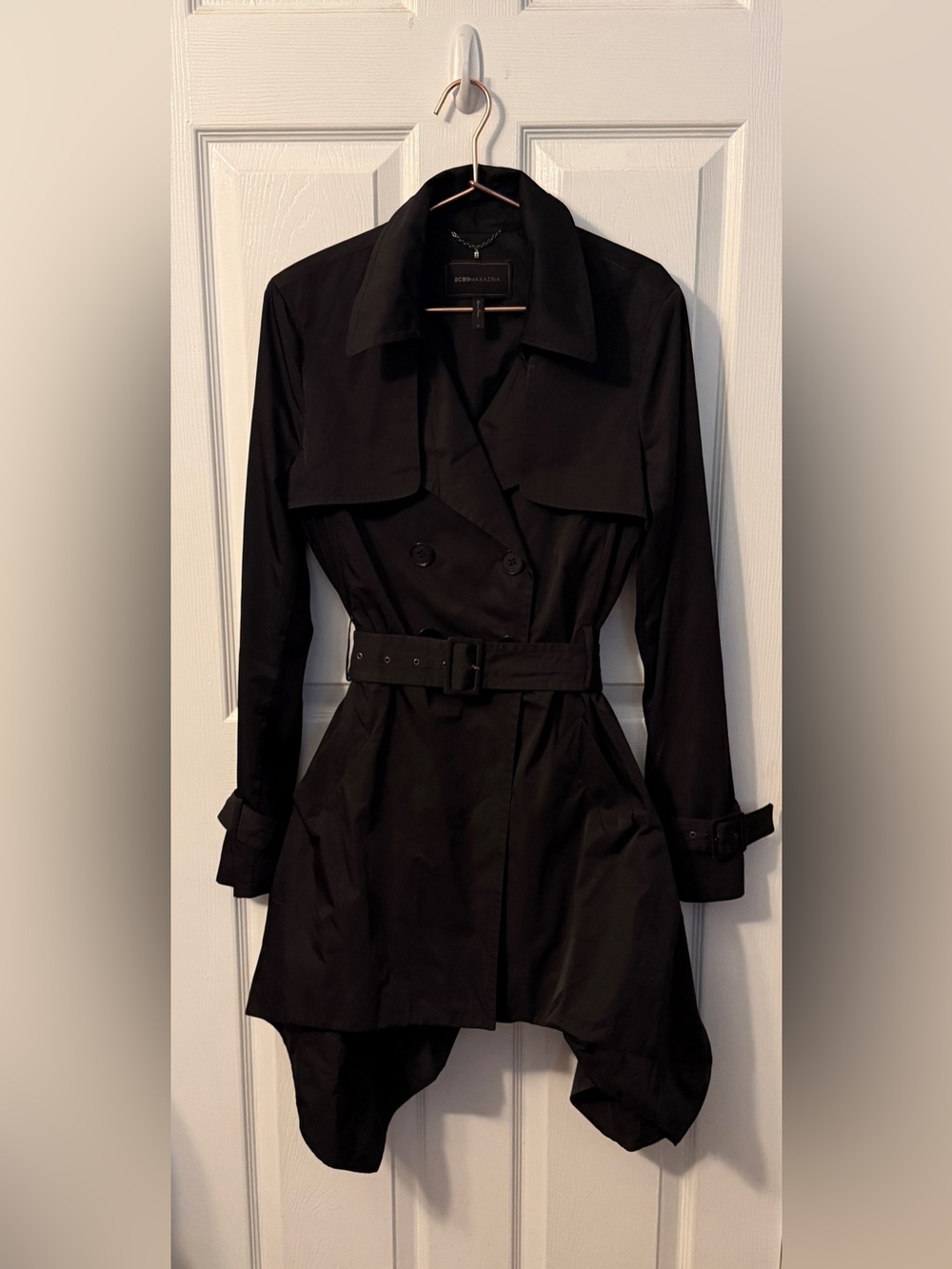 BCBGMaxAzria Black Double-Breasted Belted Trench Coat